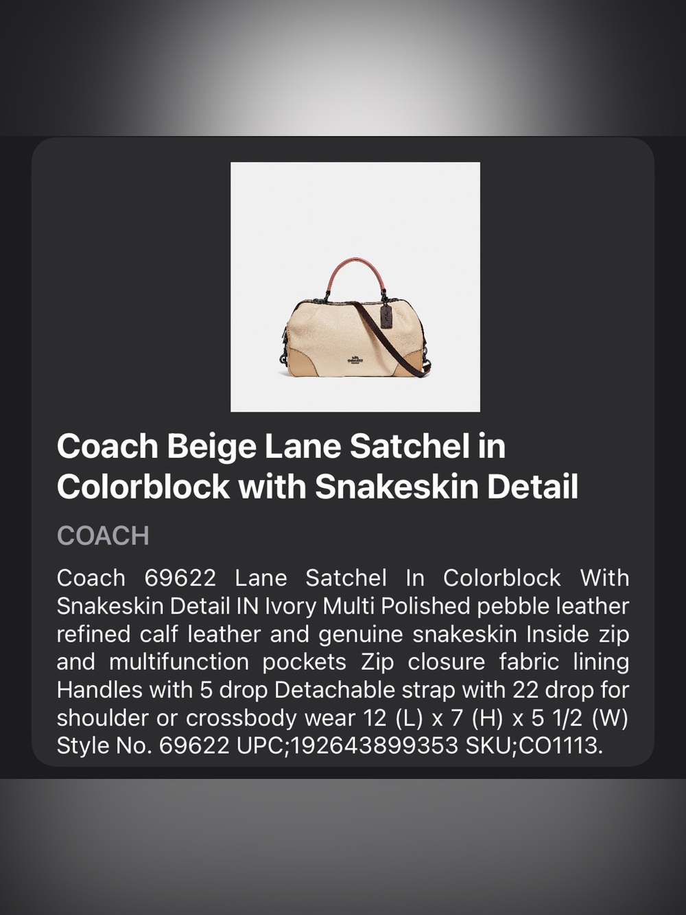 Coach Beige Lane Satchel in Colorblock with Snake Skin Accents - Picture 2 of 16